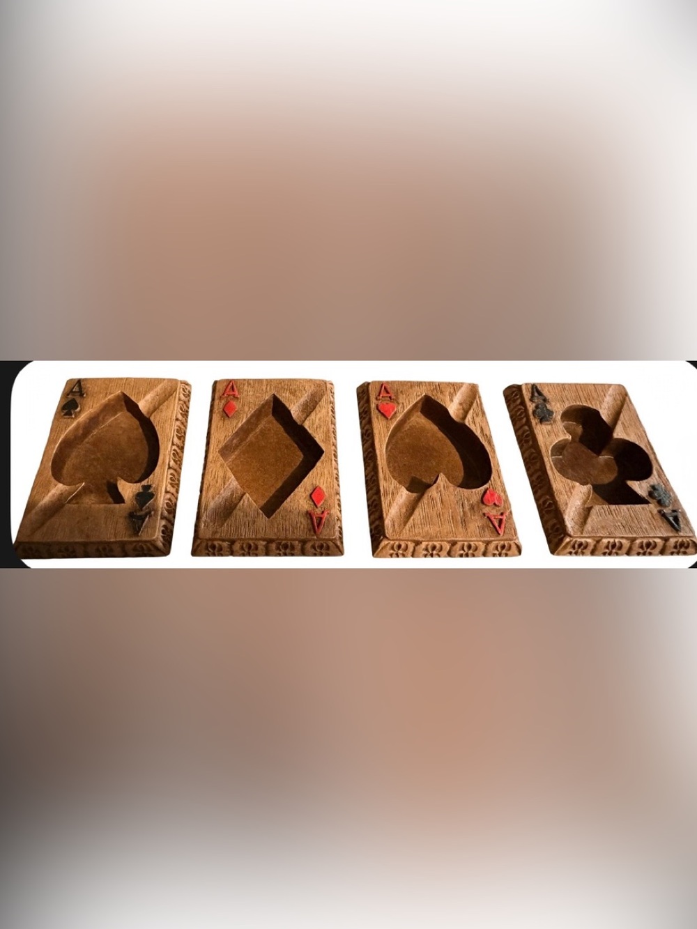 Vintage Monkey Pod Wood 4 Aces Ashtray Set
in Box, Carved Card Suits